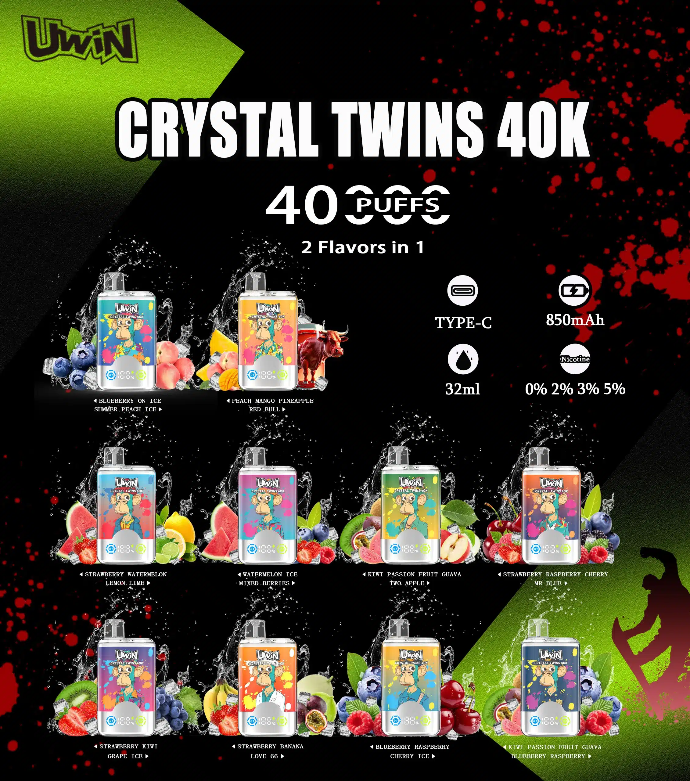 Uwin Crystal Twins 40K complete flavor combinations chart